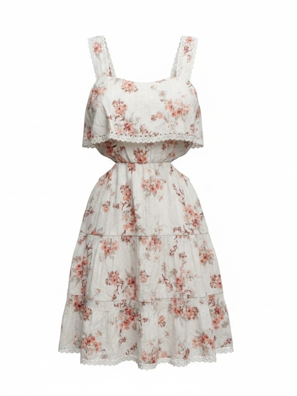 Altar'd State White Floral Lace-Trim Tiered Dress in Blush